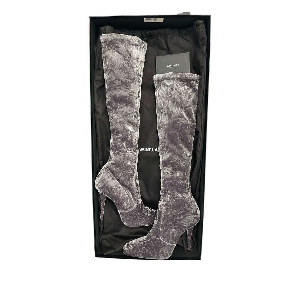 Saint Laurent Ella Gray Crushed Velvet Knee High Stiletto Boots 38.5 US 8.5 - Picture 2 of 9